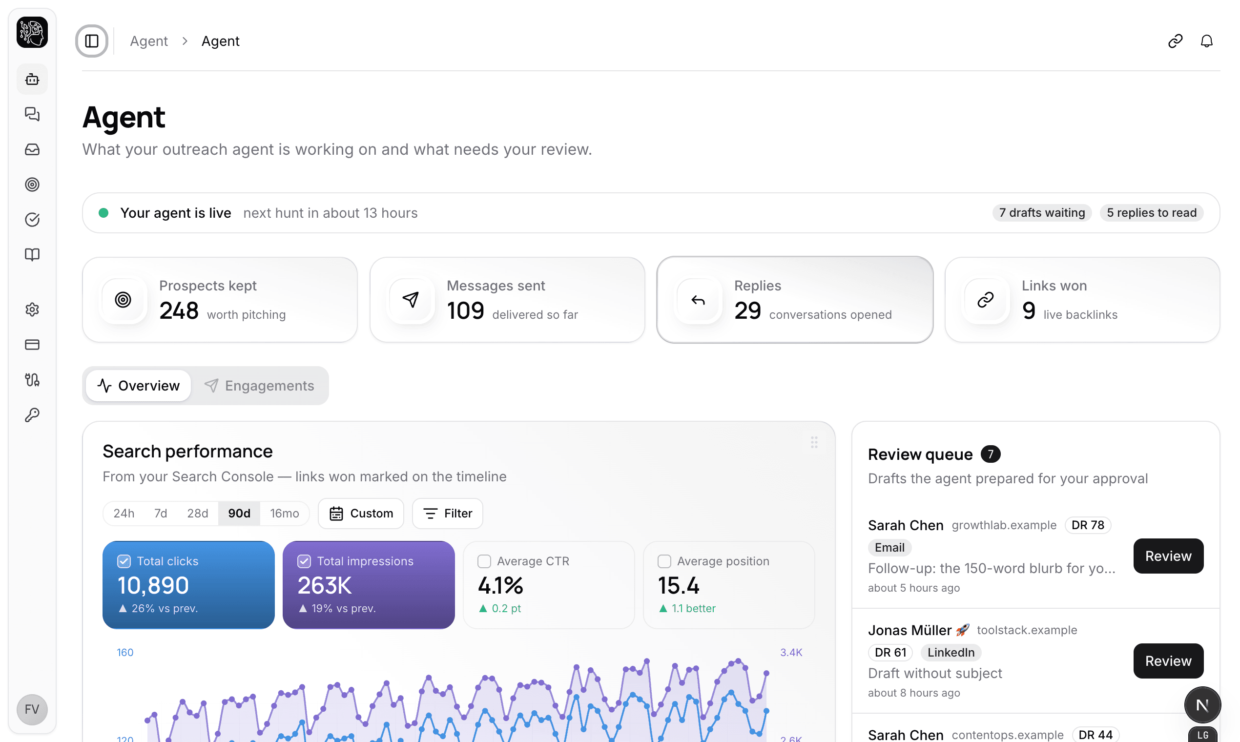 BacklinkGPT agent command center showing prospecting, outreach, replies, and won backlinks