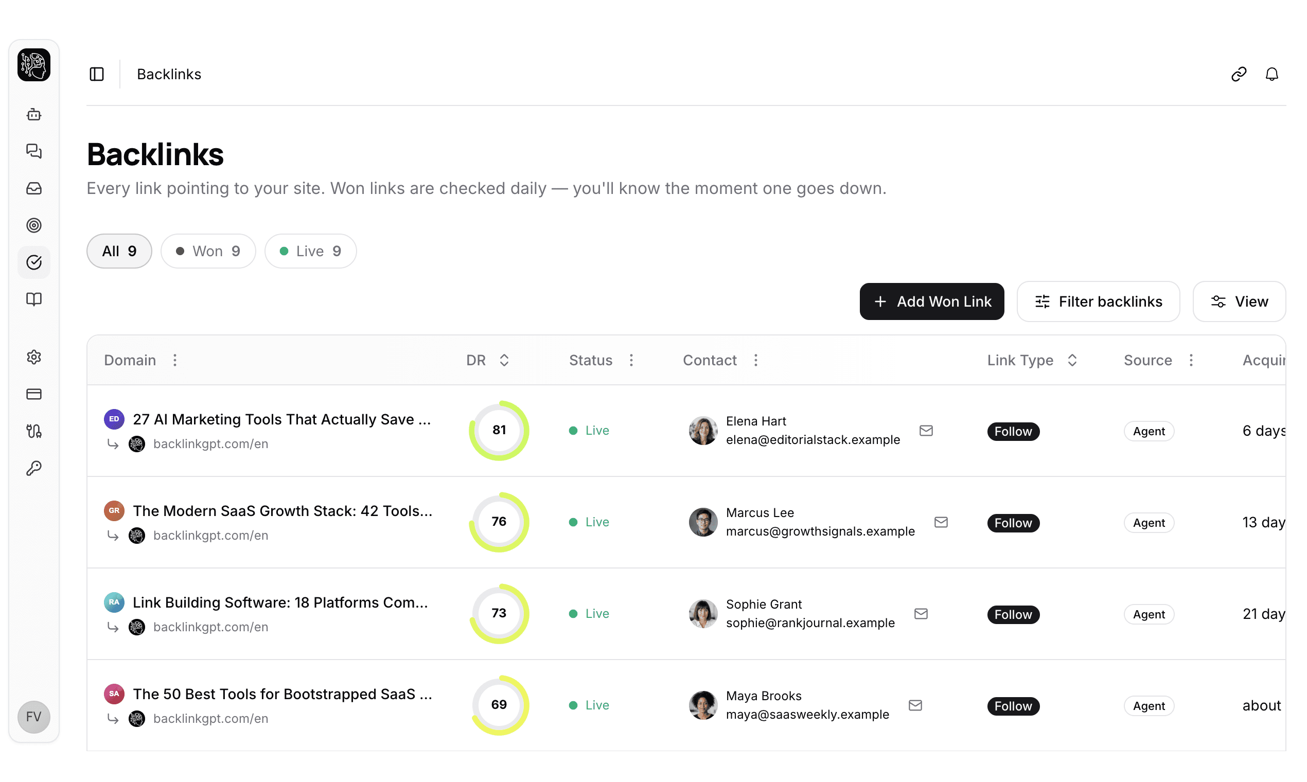 BacklinkGPT live backlink monitoring dashboard with authority metrics and verification status