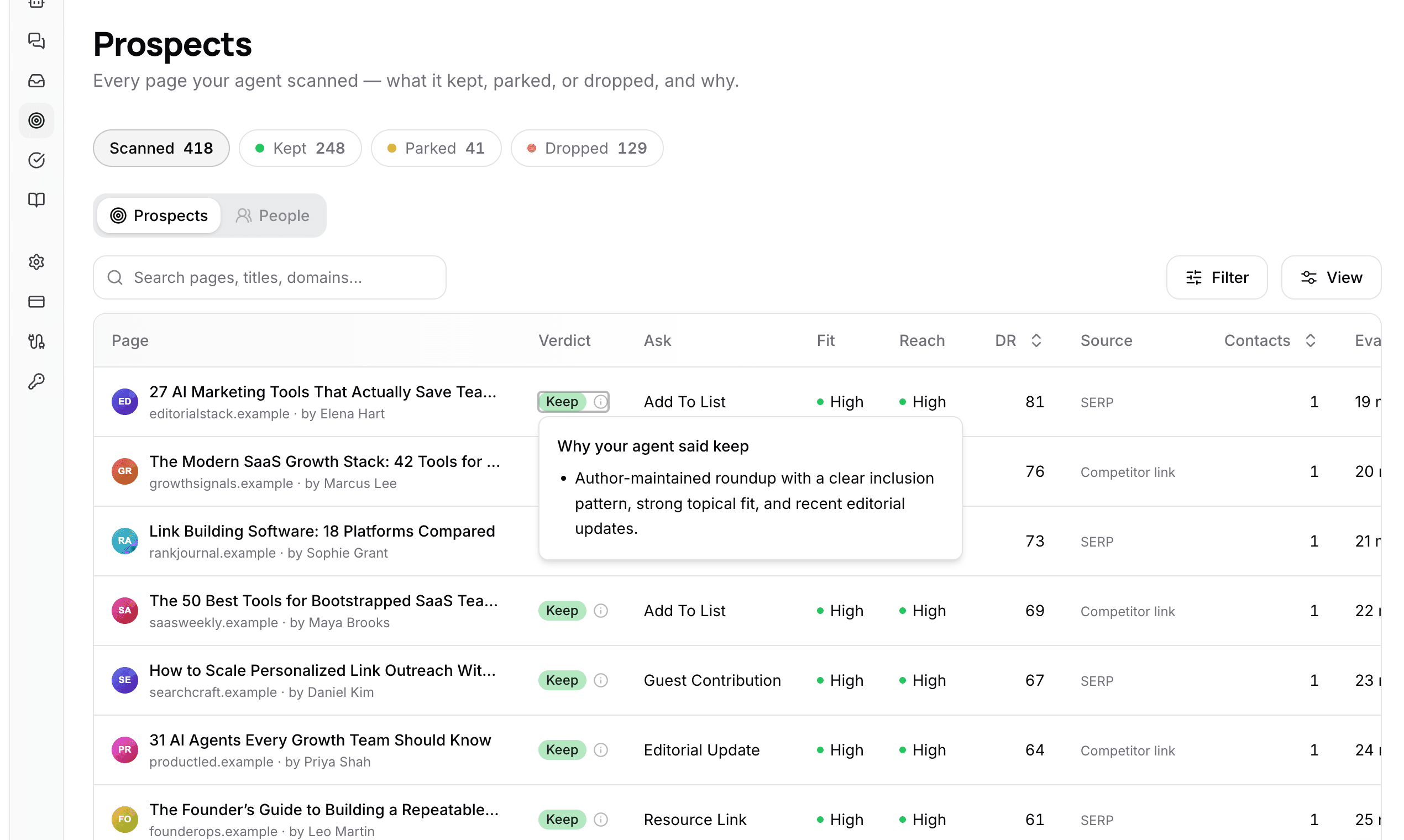 BacklinkGPT prospect intelligence table with fit, reach, authority, and transparent keep reasoning