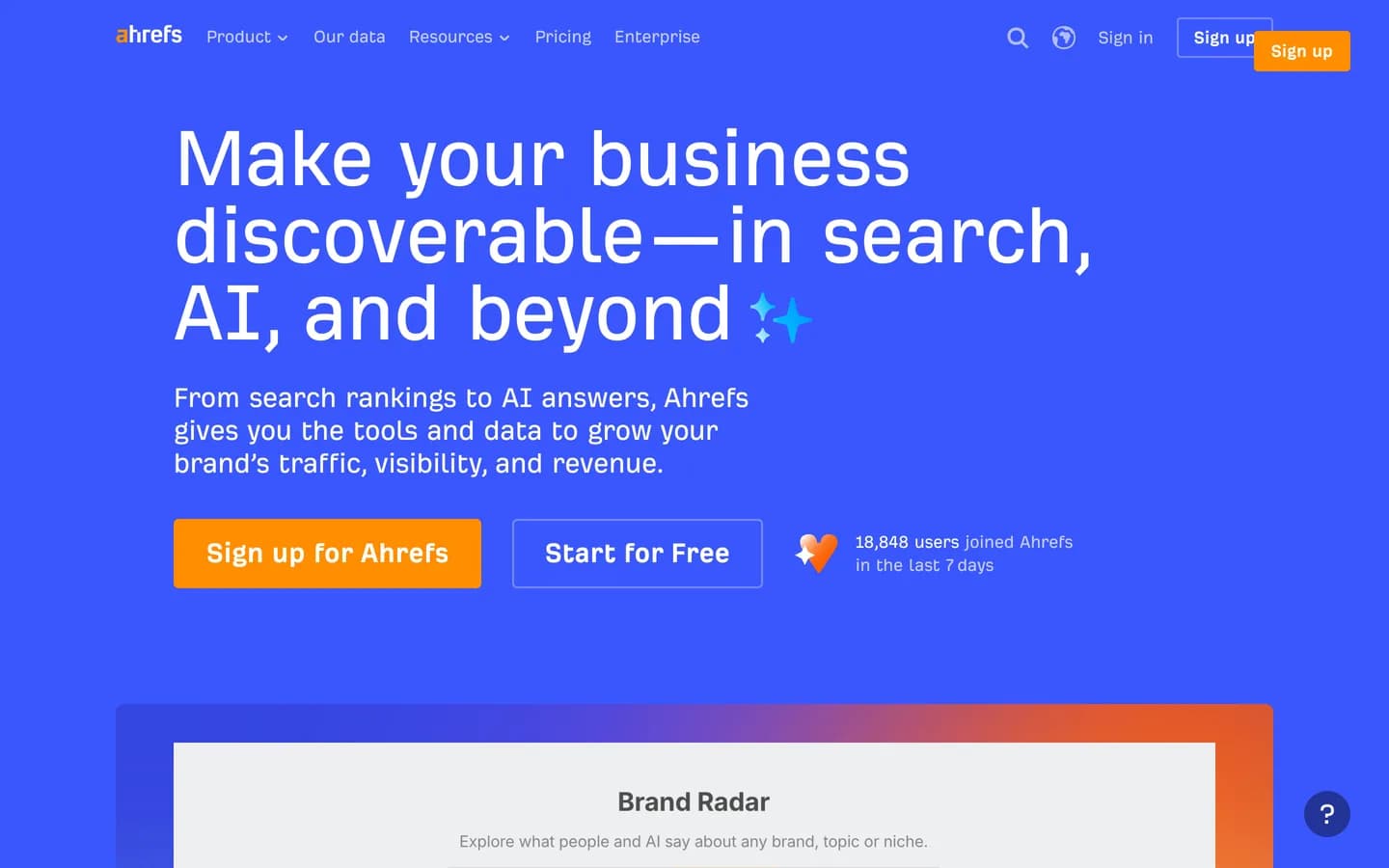Ahrefs homepage — the backlink index most of the industry standardises on Ahrefs homepage — the backlink index most of the industry standardises on