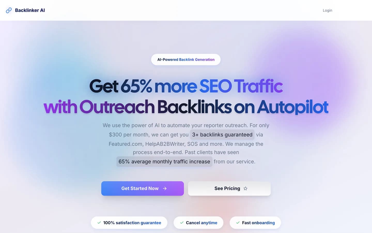 Backlinker AI homepage — a single plan with a stated DR30+ backlink guarantee Backlinker AI homepage — a single plan with a stated DR30+ backlink guarantee